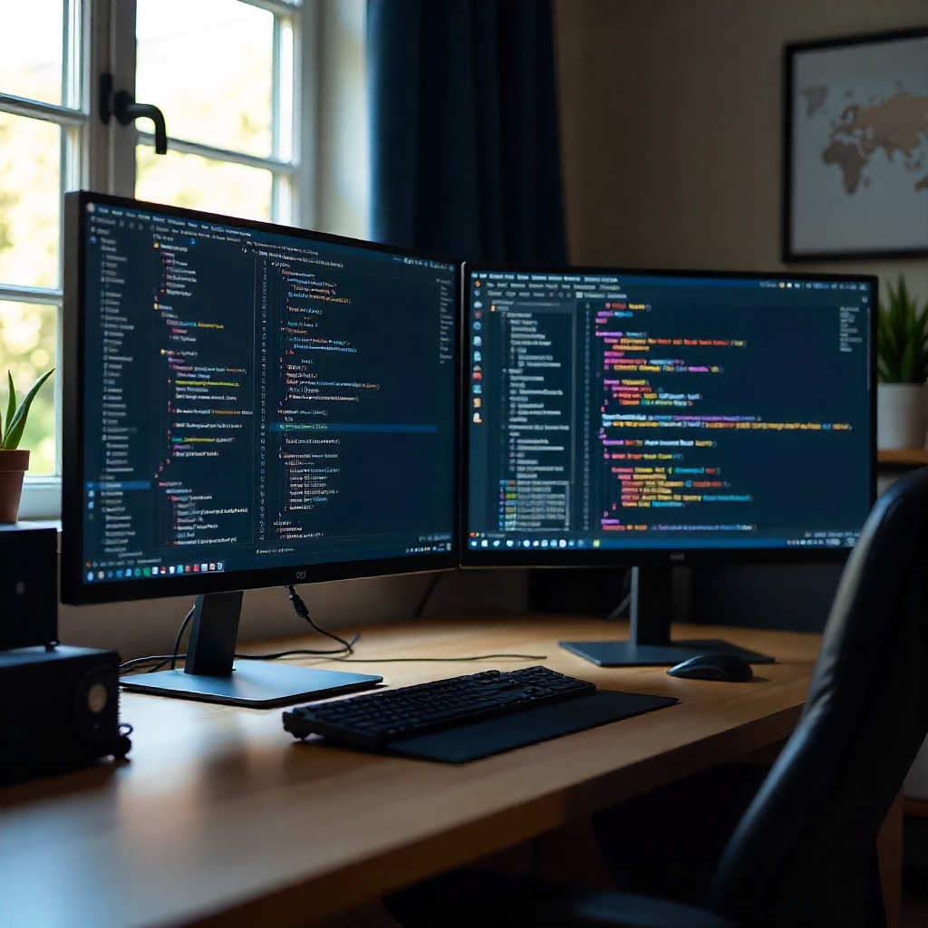 Espacio de trabajo moderno con múltiples pantallas mostrando código y herramientas de desarrollo